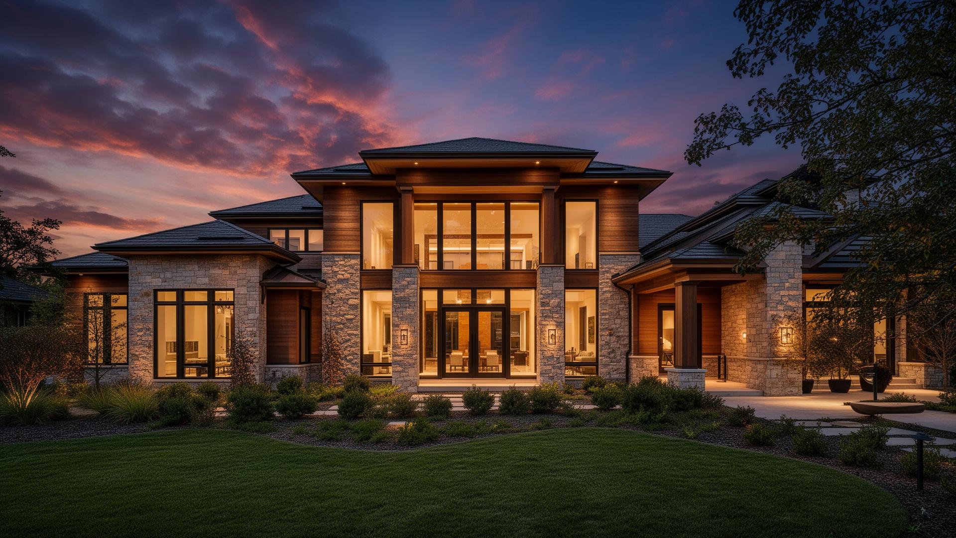Custom home exterior at twilight